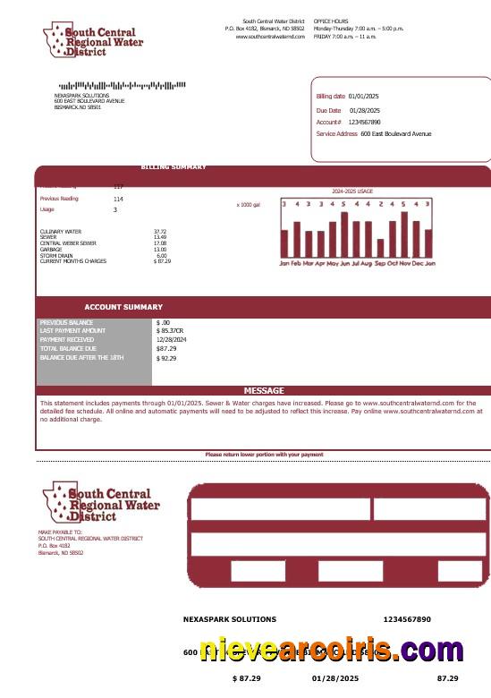 USA North Dakota South Central Regional Water District business utility bill